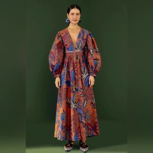 Farm Rio Brown Wild Jungle Organic Cotton Maxi Dress Size XL